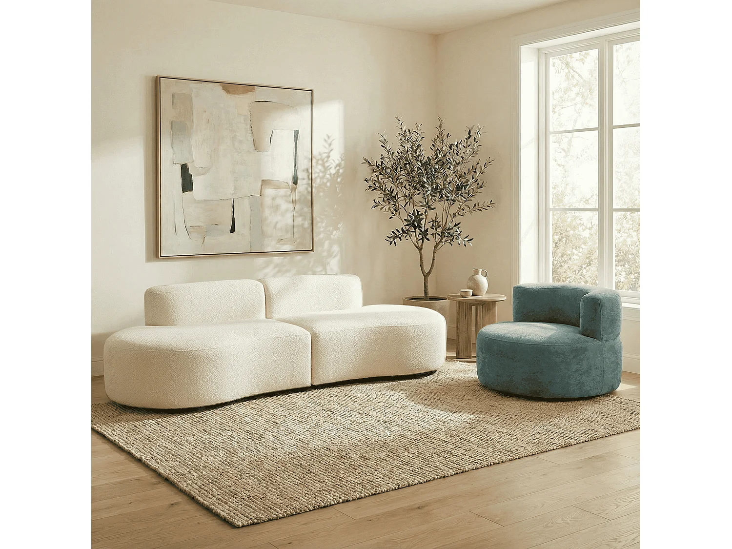 Pack lounge canapé et fauteuil - blanc et sauge
