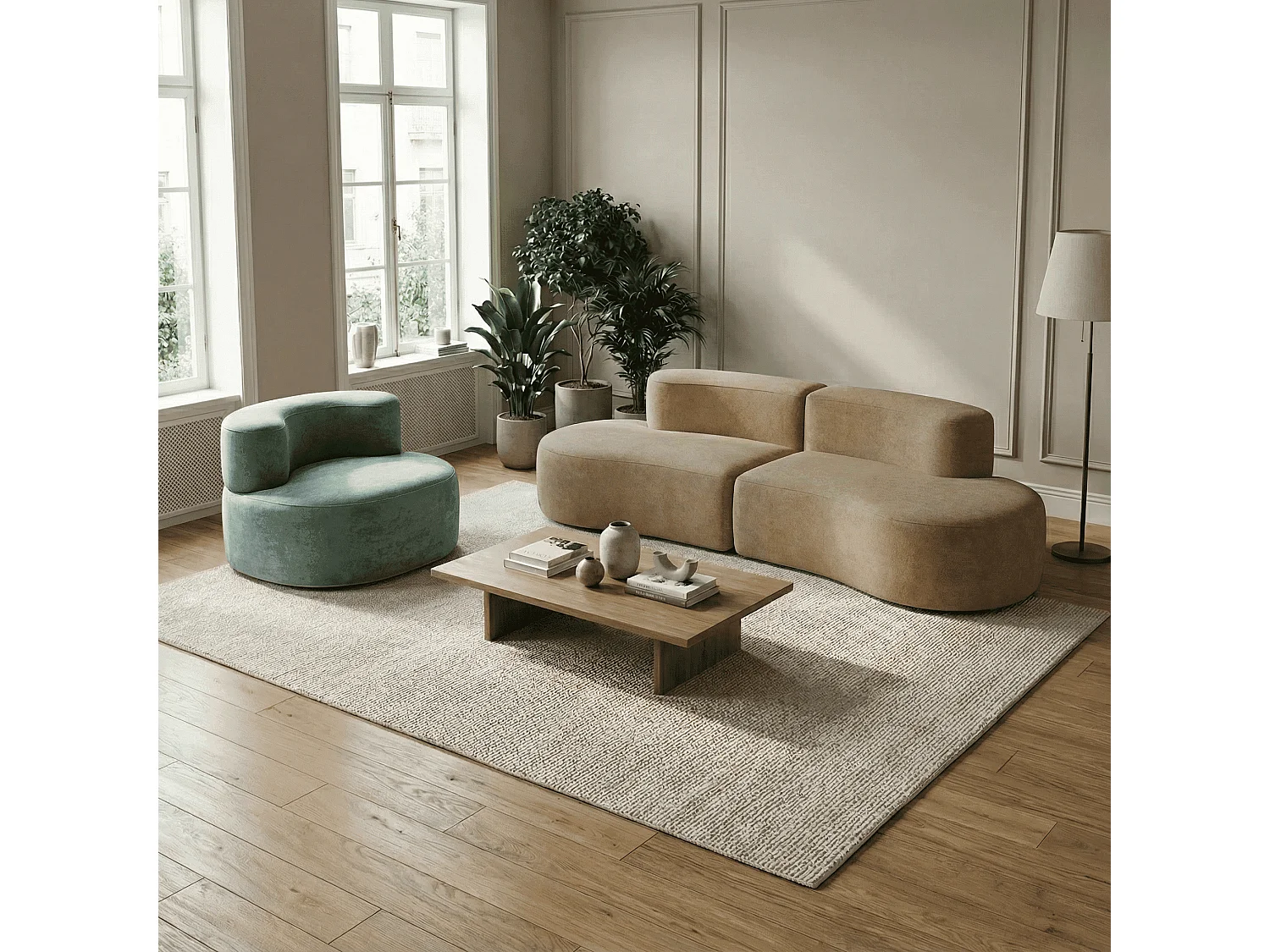 Pack lounge canapé et fauteuil - sable et sauge
