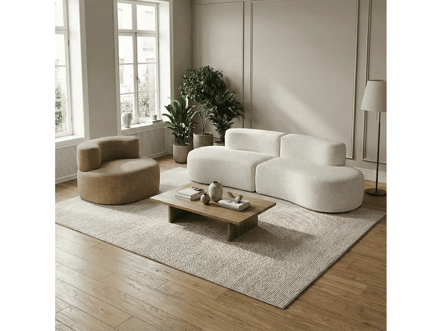 Pack lounge canapé et fauteuil - blanc et sable