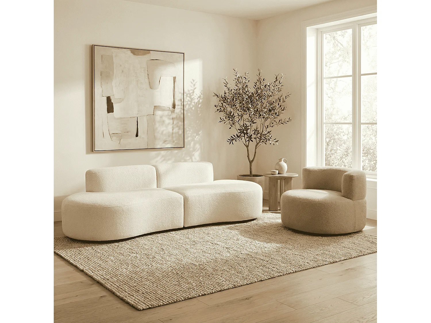 Pack lounge canapé et fauteuil - blanc et sable