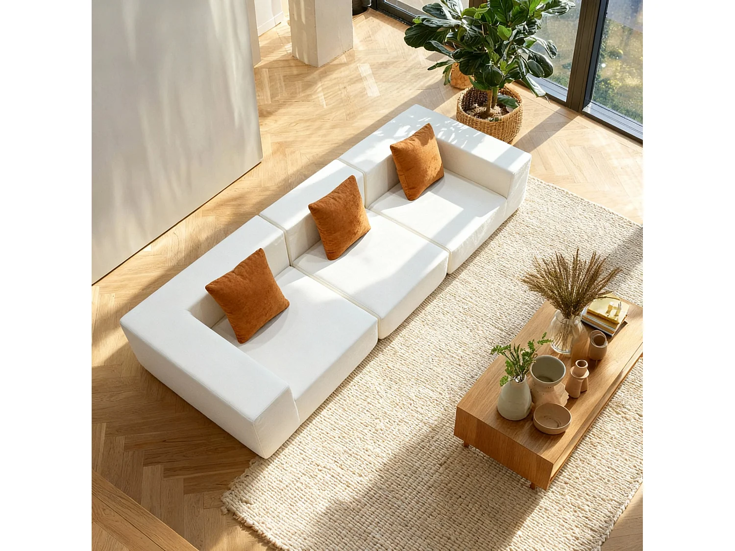 Canapé Compressé  3 places Pure en flannelle - Blanc / orange