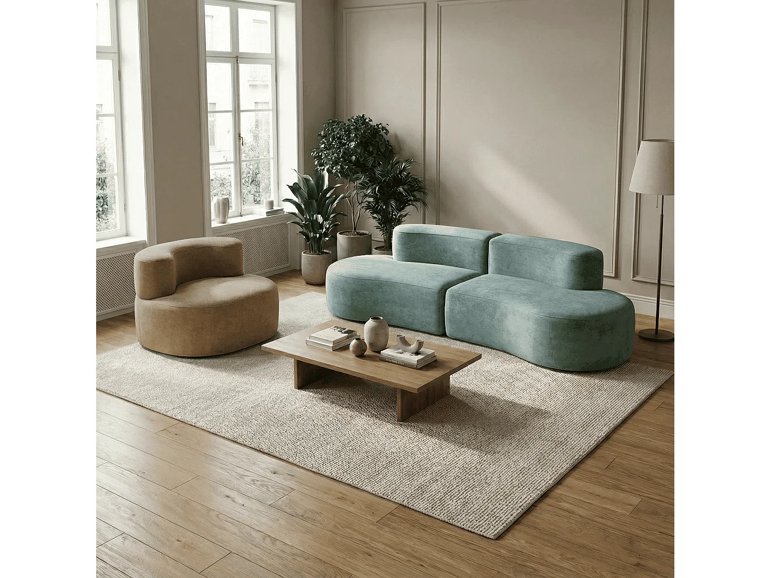 Pack lounge canapé et fauteuil - sauge et sable