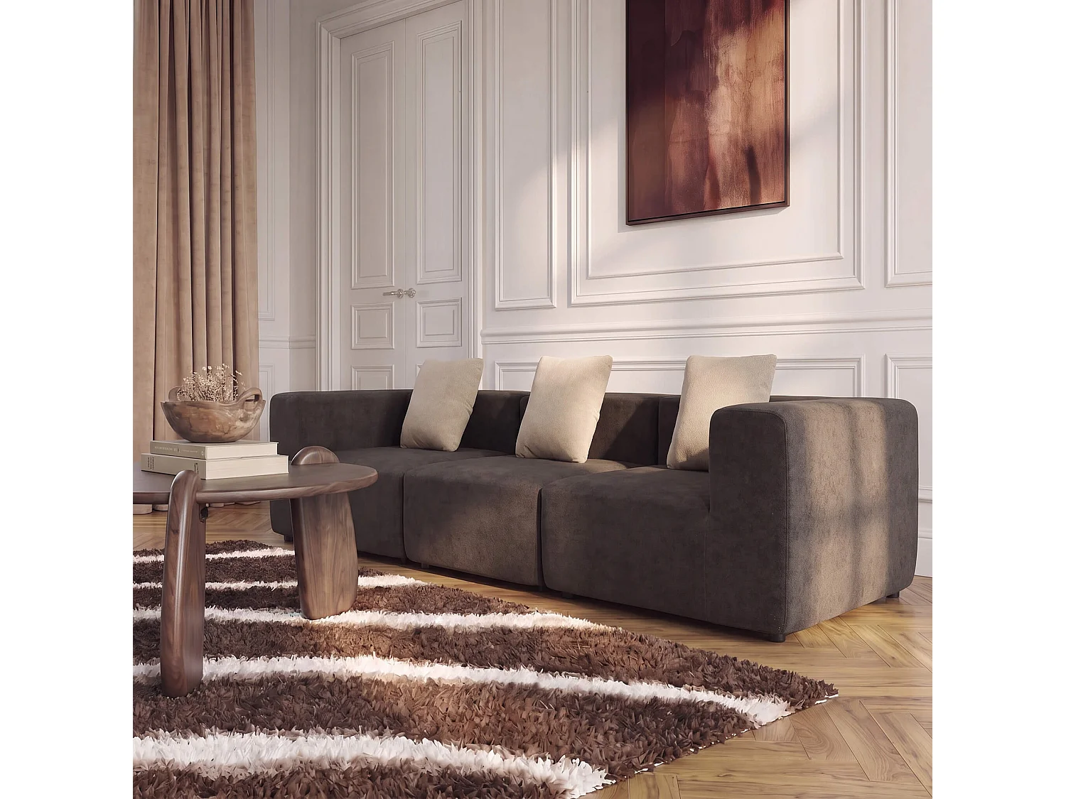 Coco Living Gecomprimeerde 3-zitsbank Pure in flanel -Chocolade en beige