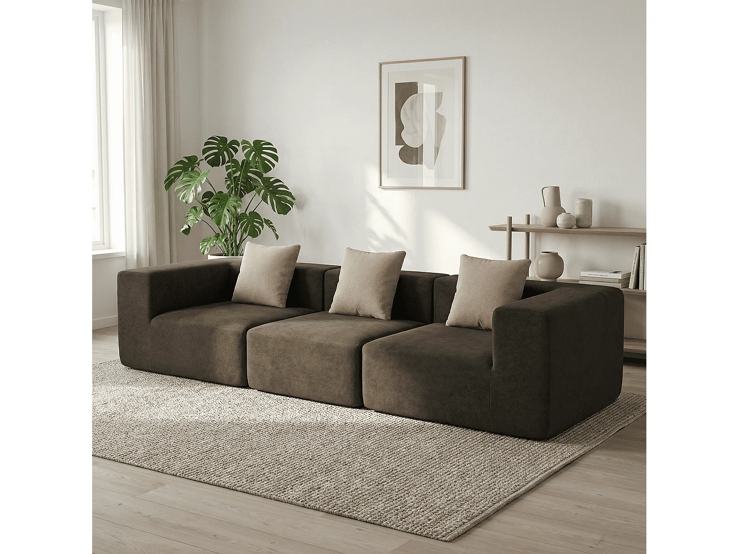 Coco Living Canapé Compressé  3 places Pure en flannelle - chocolat et beige