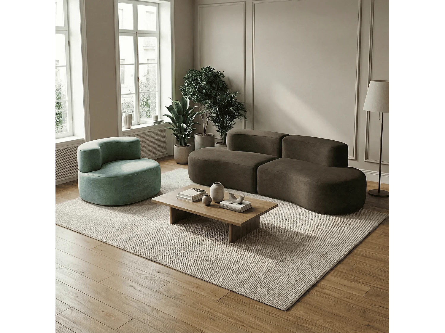 Coco Living Pack Lounge canapé 3 places et fauteuil - chocolat et sauge