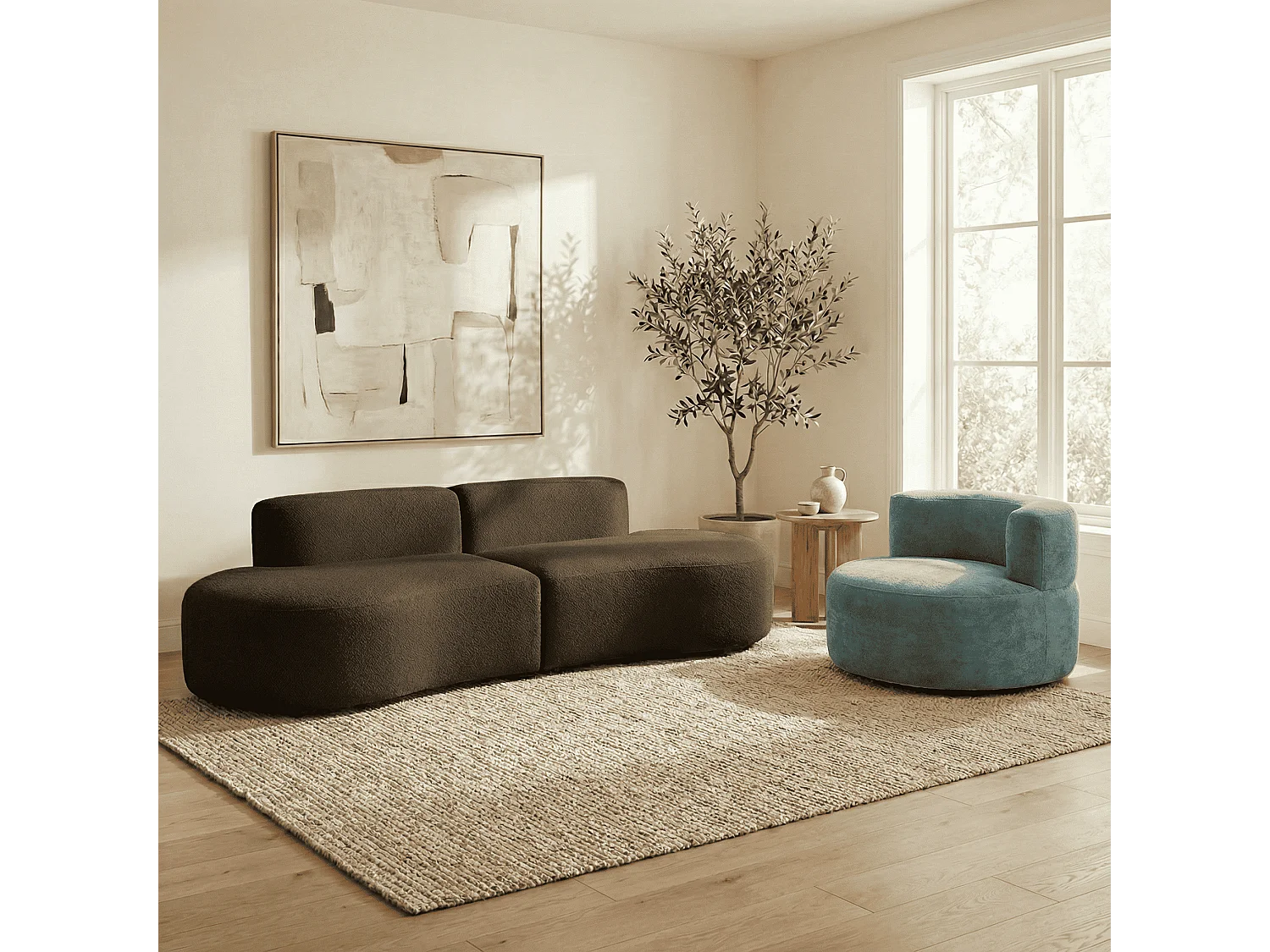 Coco Living Pack Lounge canapé 3 places et fauteuil - chocolat et sauge