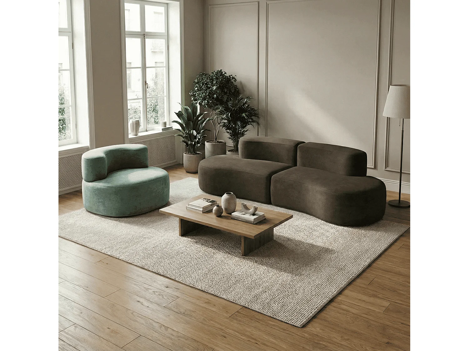 Zestaw Lounge sofa 3-osobowa i fotel – czekoladowy i szałwia