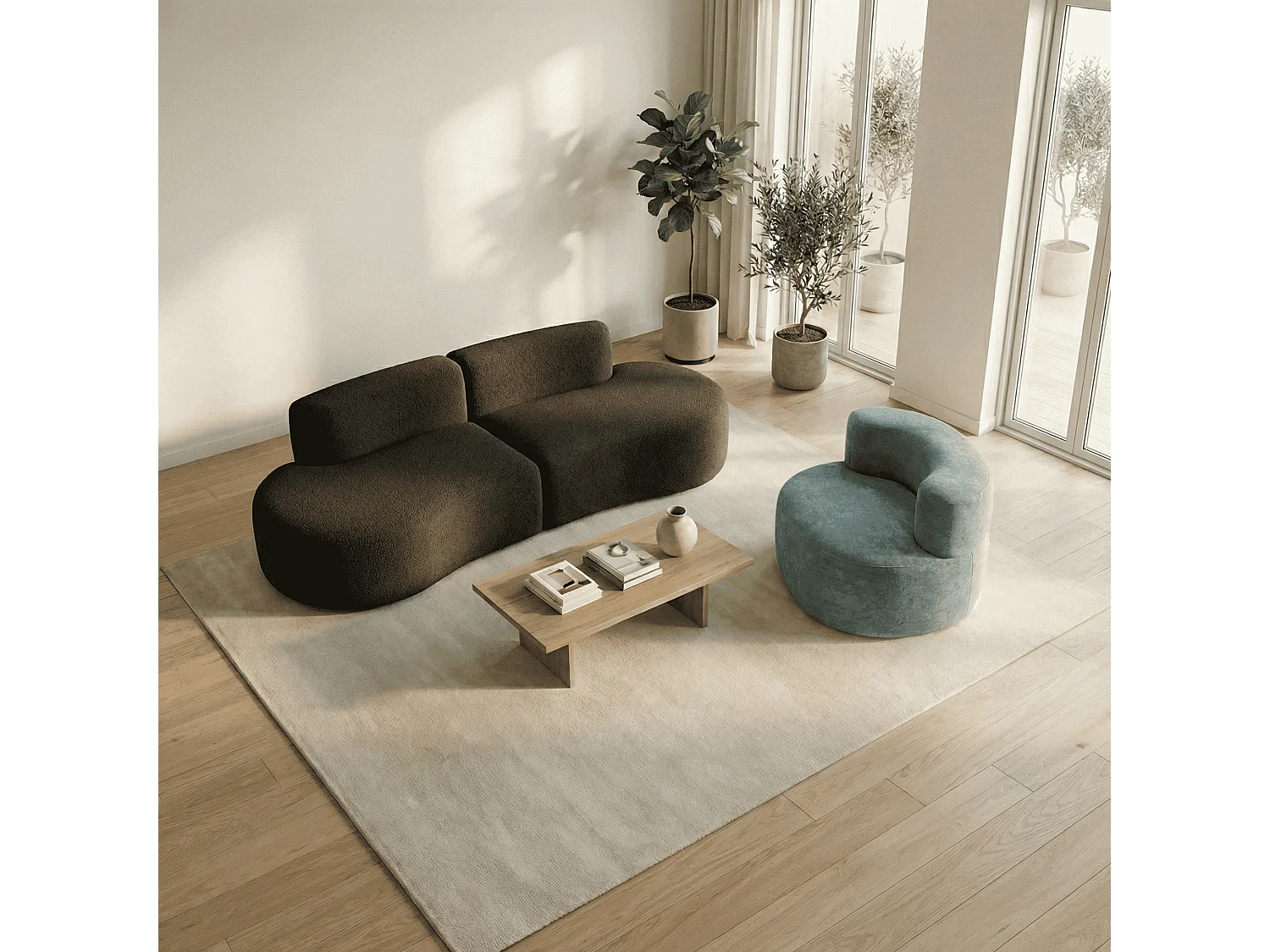 Zestaw Lounge sofa 3-osobowa i fotel – czekoladowy i szałwia