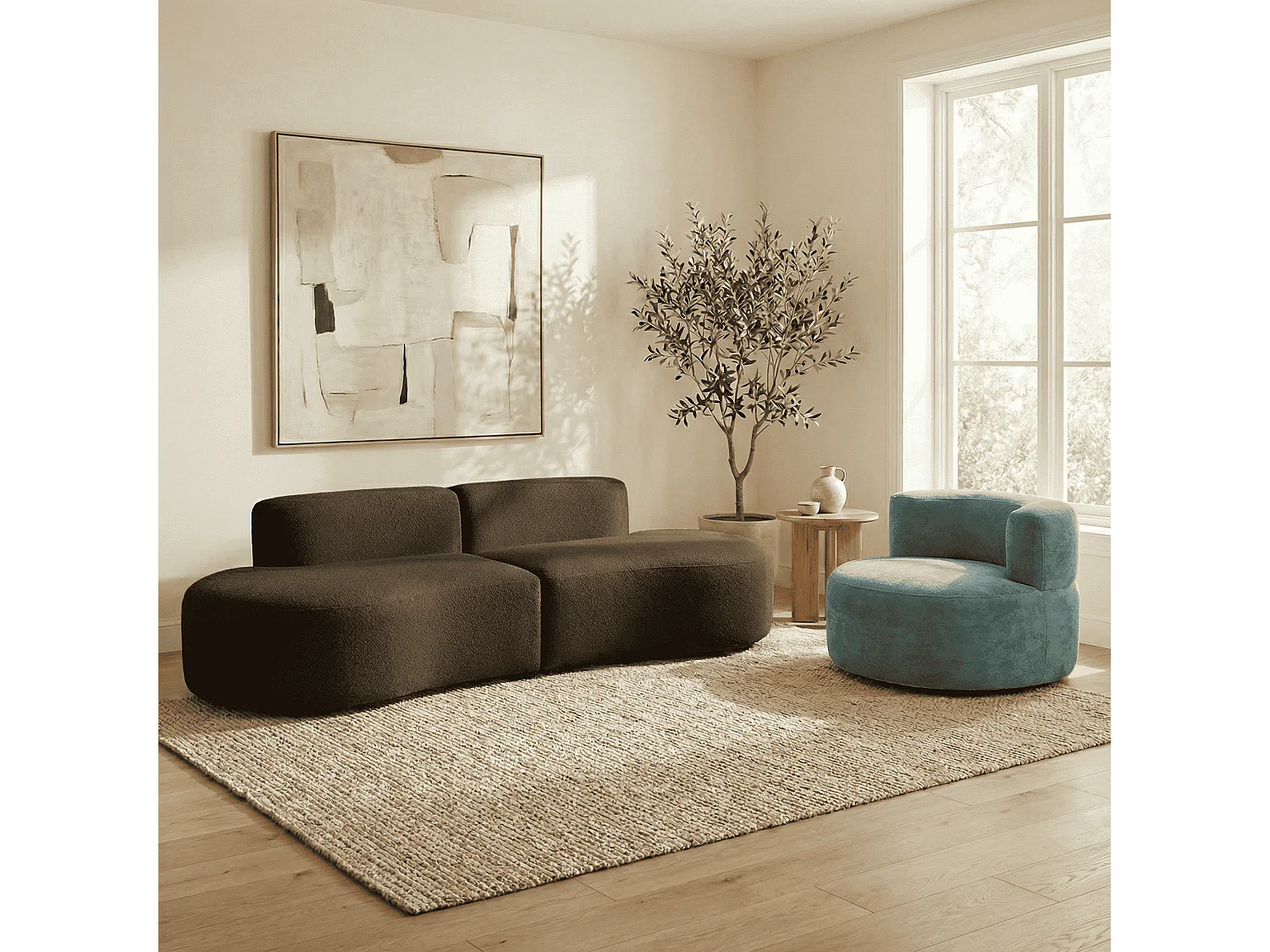 Zestaw Lounge sofa 3-osobowa i fotel – czekoladowy i szałwia