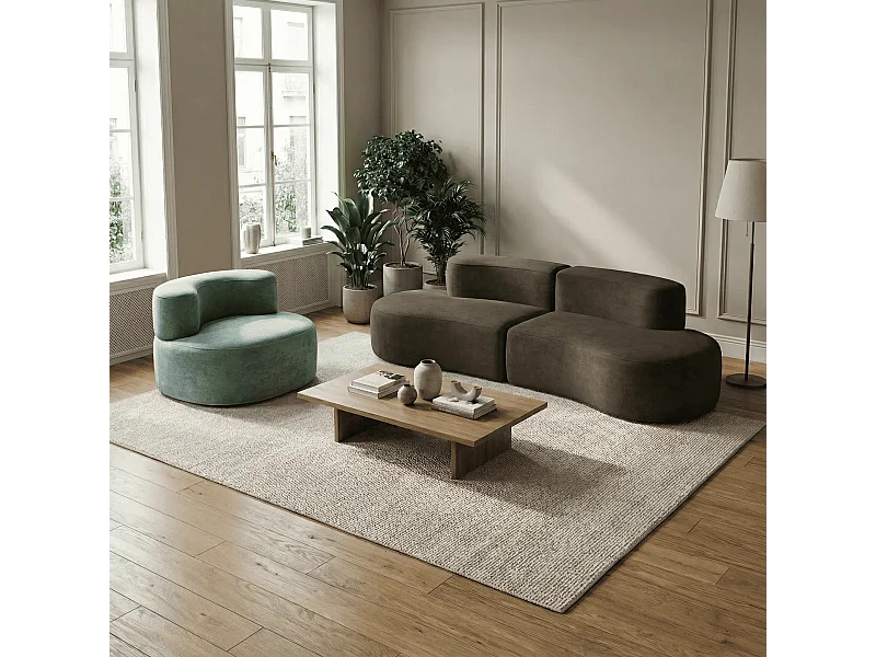 Coco Living Zestaw Lounge sofa 3-osobowa i fotel – czekoladowy i szałwia