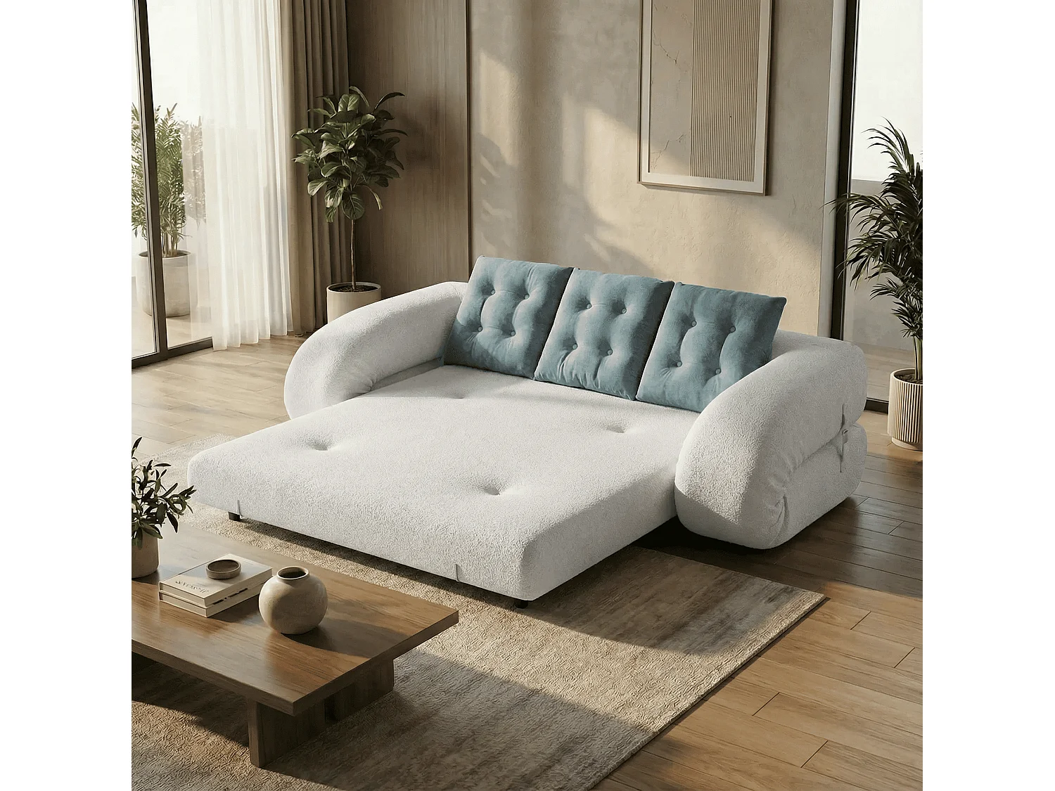 Canapé Convertible Okoa 2 places - blanc et sauge