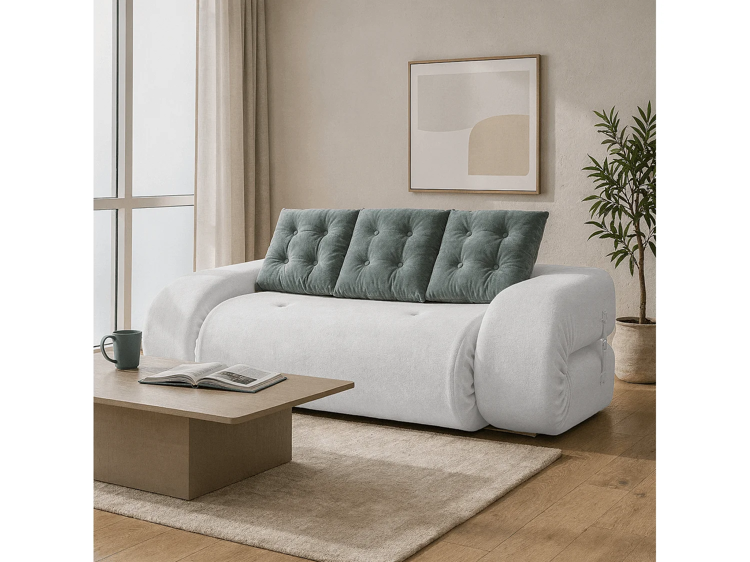 Coco Living Canapé Convertible Okoa 2 places - blanc et sauge