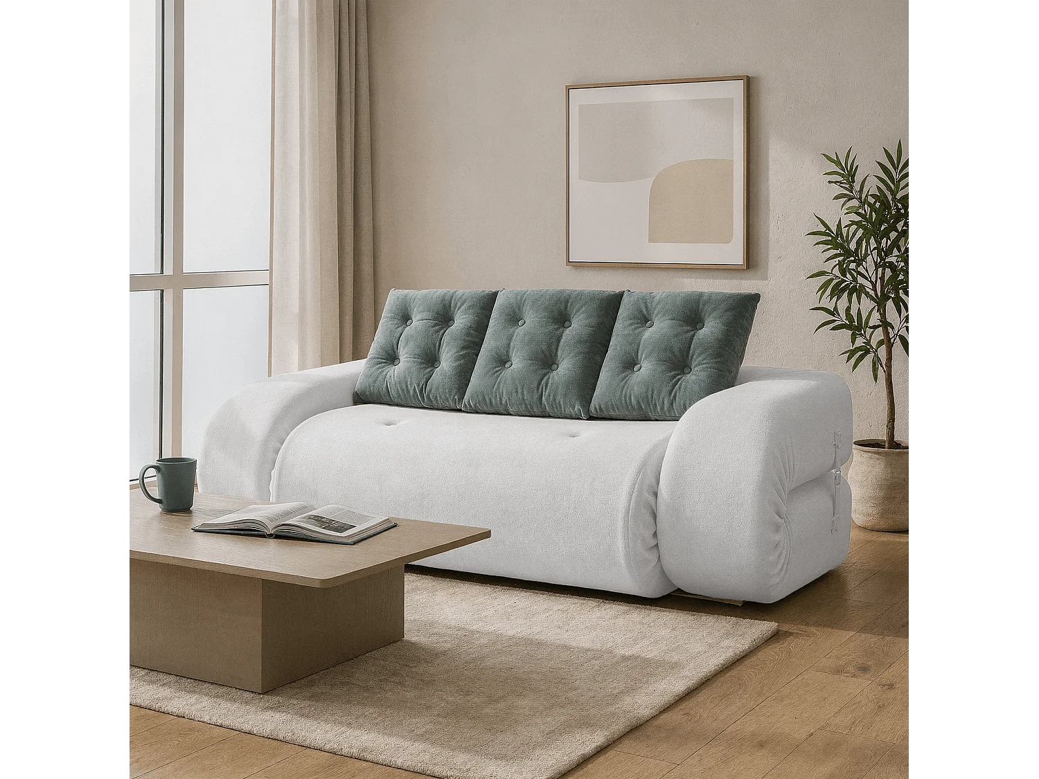 Coco Living Canapé Convertible Okoa 2 places - blanc et sauge