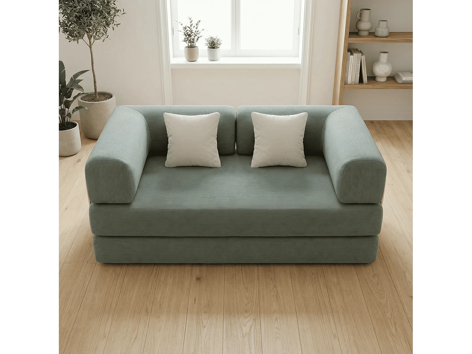 Canapé Kaia Convertible 2 places  velours cottelé - sauge et  blanc