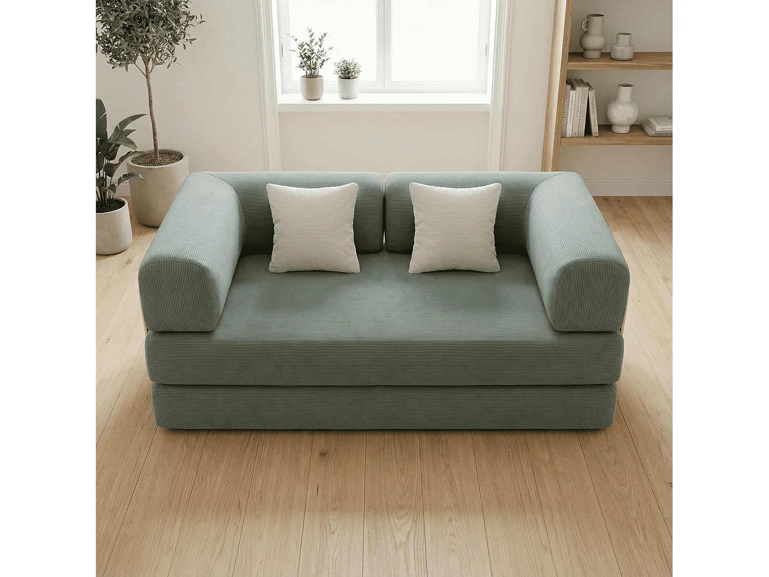 Coco Living Canapé Kaia Convertible 2 places  velours cottelé - sauge et  blanc