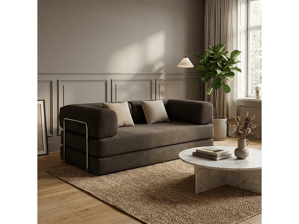 Canapé Kaia Convertible 2 places velours côtelé - chocolat et beige