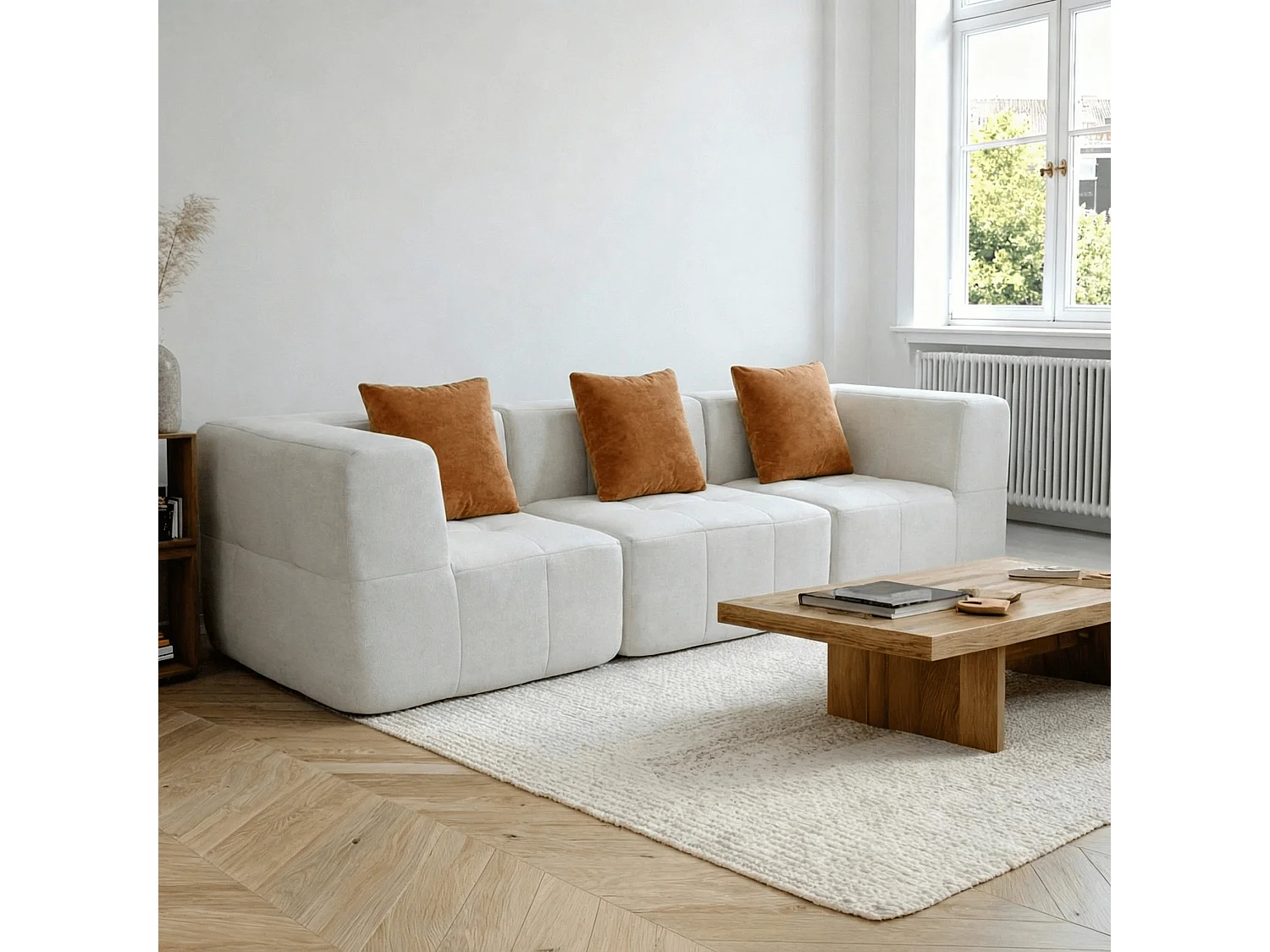 Canapé 3 places Eden Simple en flannelle - blanc et orange