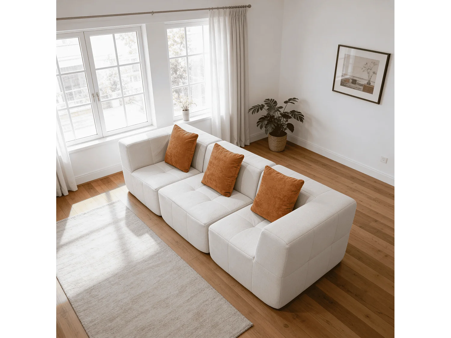 Canapé 3 places Eden Simple en flannelle - blanc et orange