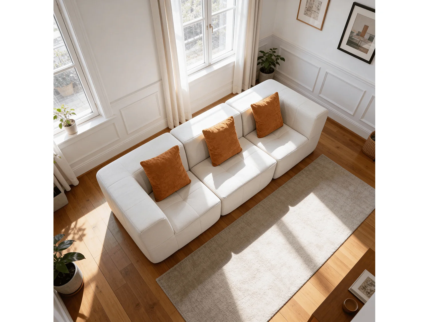 Canapé 3 places Eden Simple en flannelle - blanc et orange