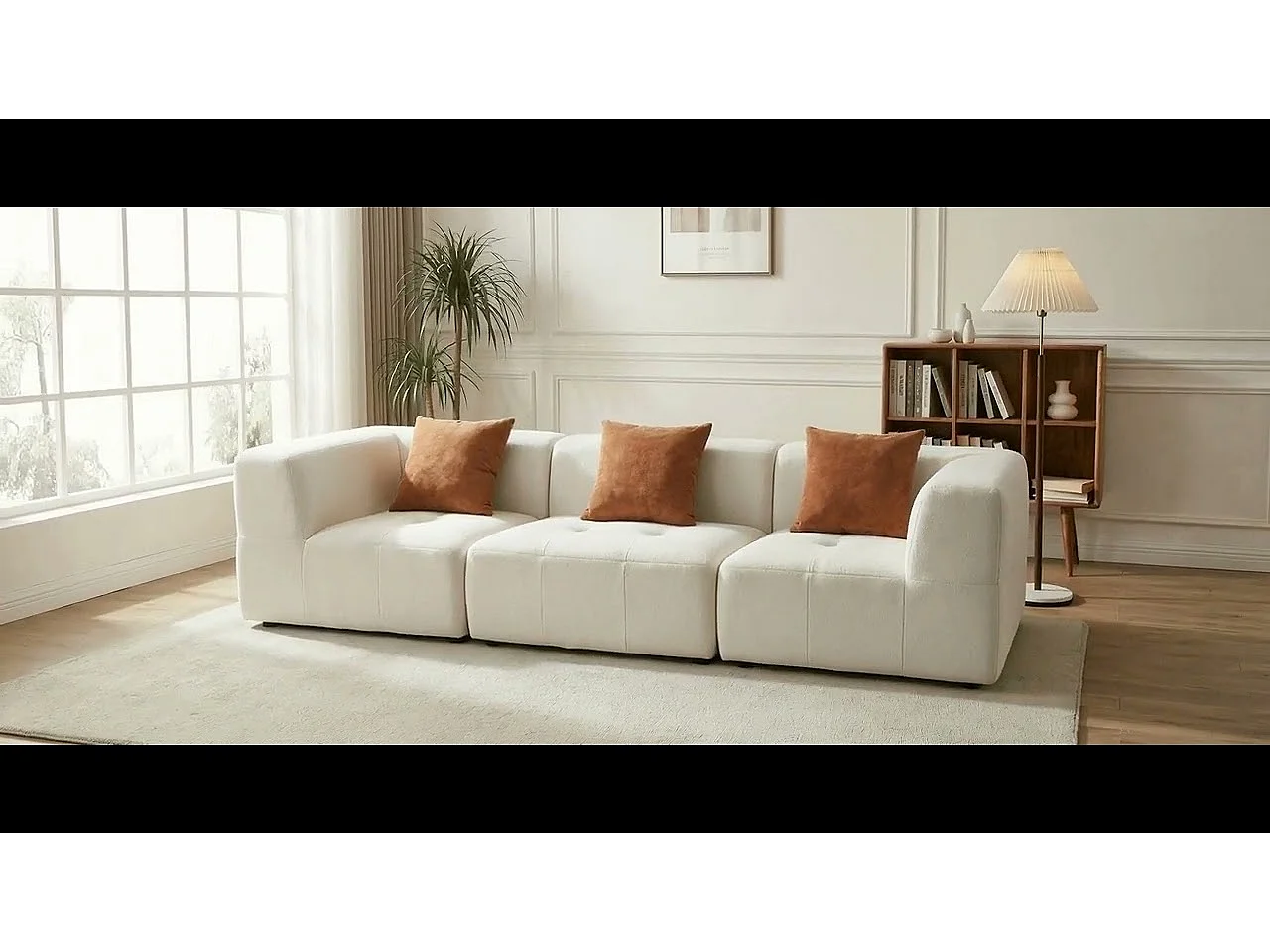 Canapé 3 places Eden Simple en flannelle - blanc et orange