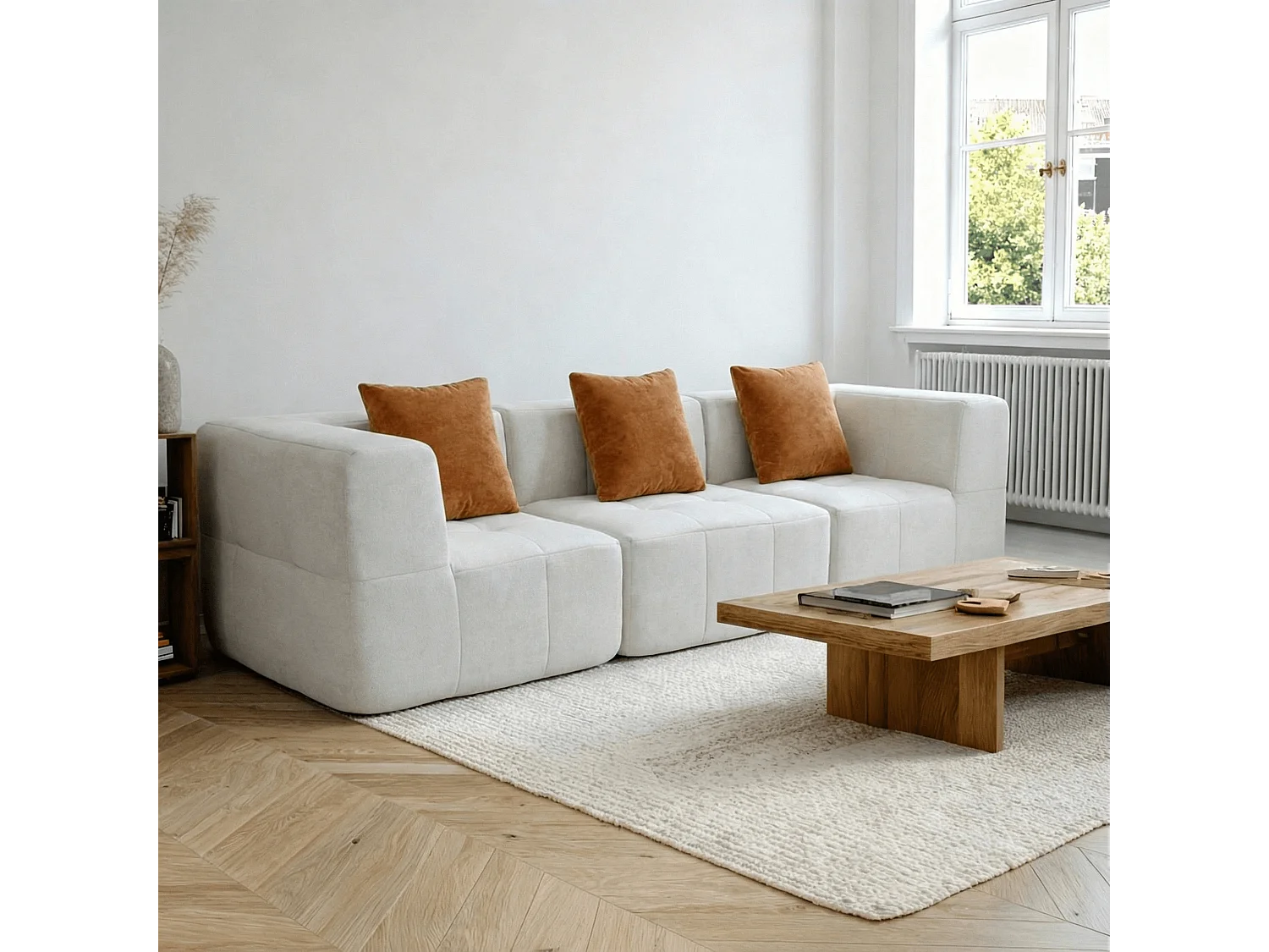 Canapé 3 places Eden Simple en flannelle - blanc et orange