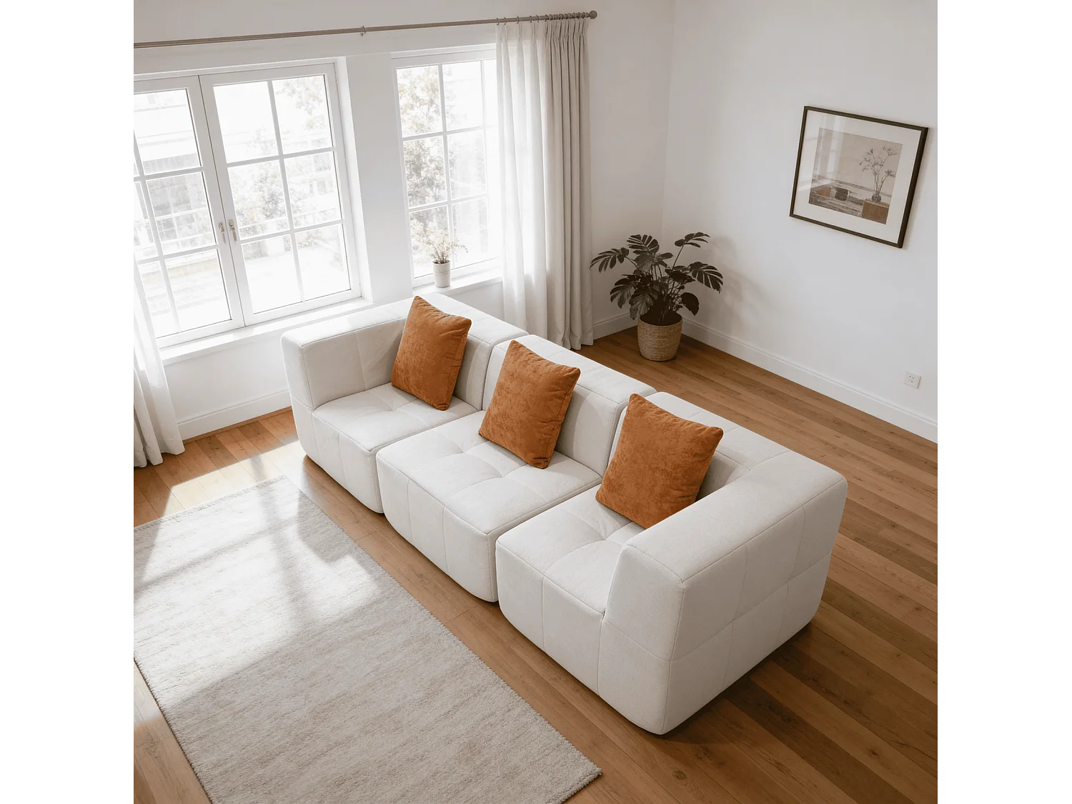 Canapé 3 places Eden Simple en flannelle - blanc et orange