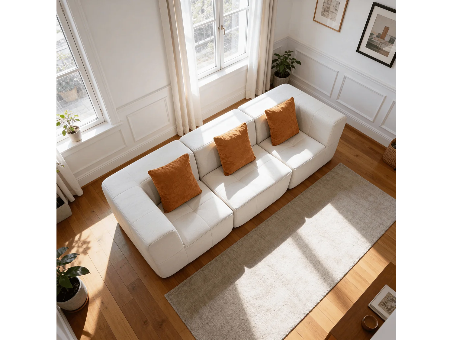 Canapé 3 places Eden Simple en flannelle - blanc et orange