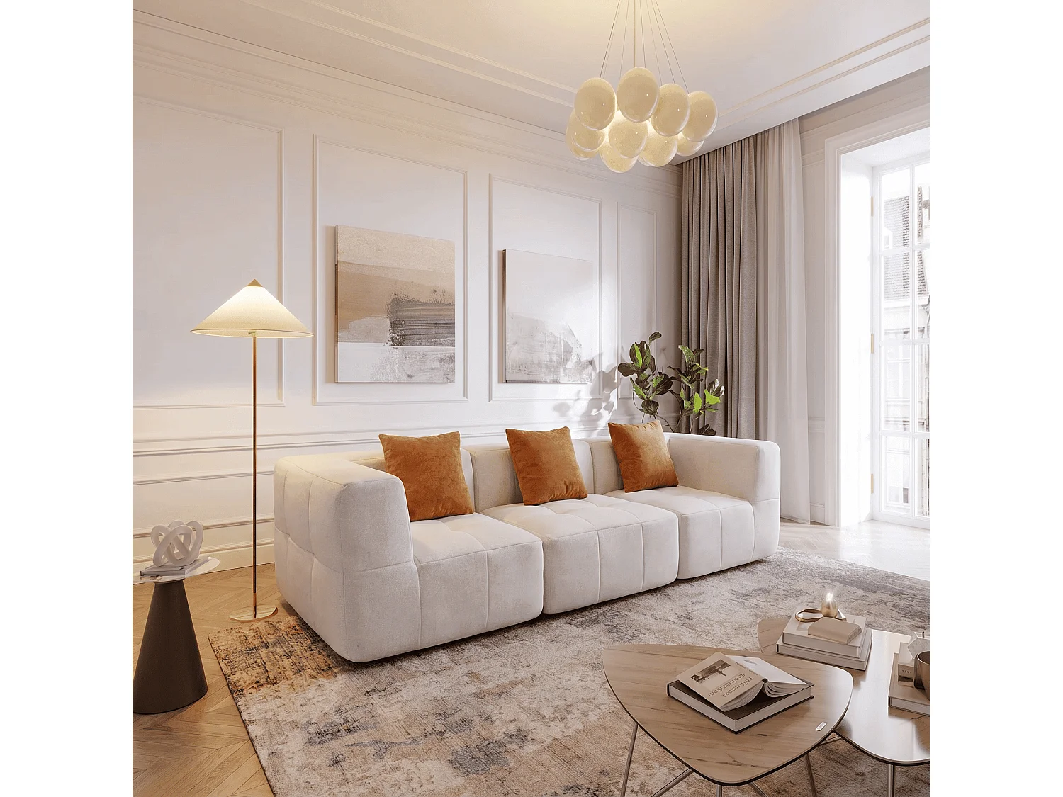 Coco Living Eden Simple 3-Seater Sofa in Flannel - White and Orange
