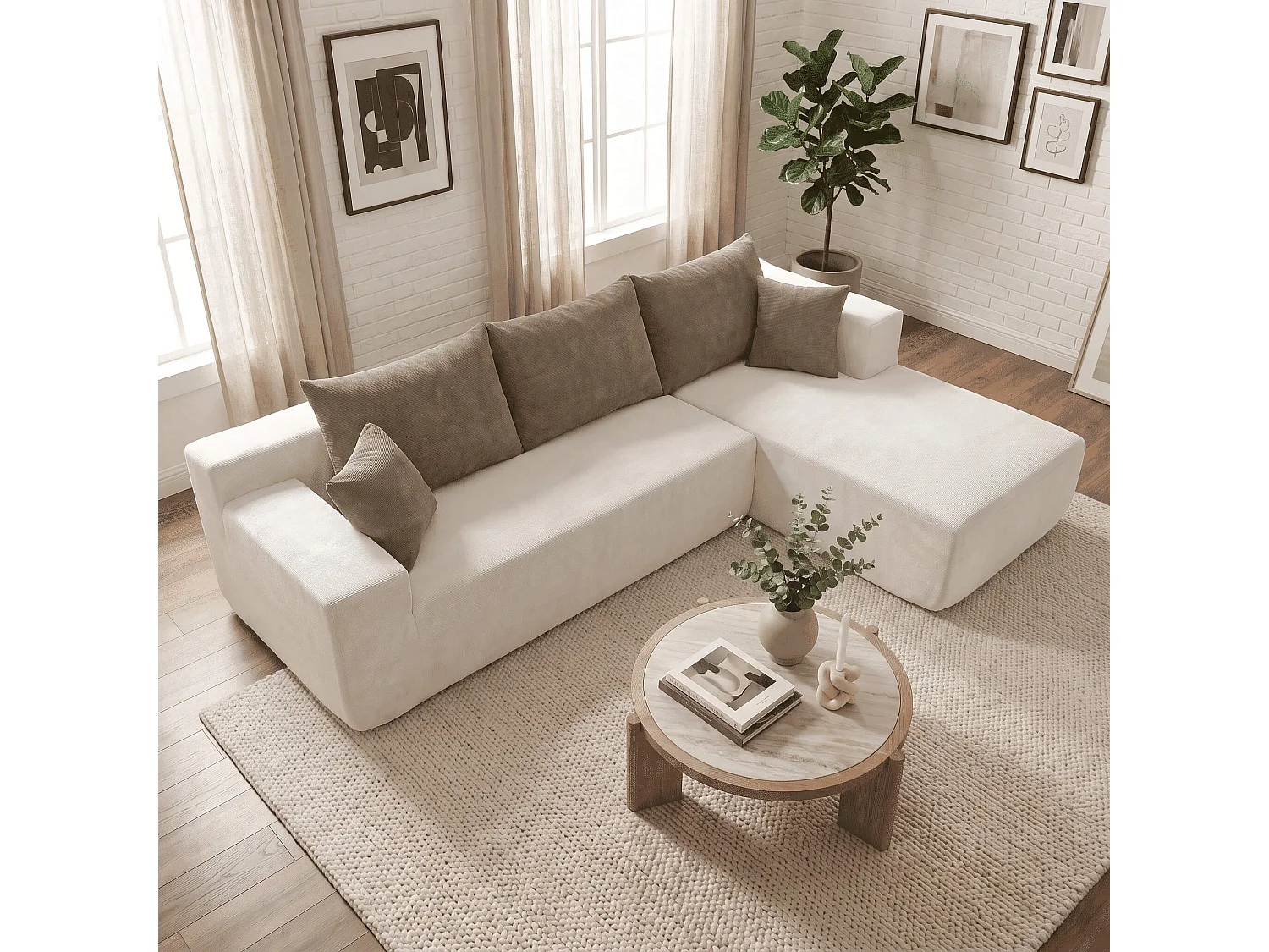 Canapé d'angle droit 3 places en tissu blanc cassé COCO