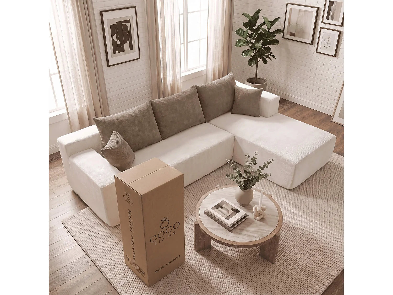 Canapé d'angle droit 3 places en tissu blanc cassé COCO