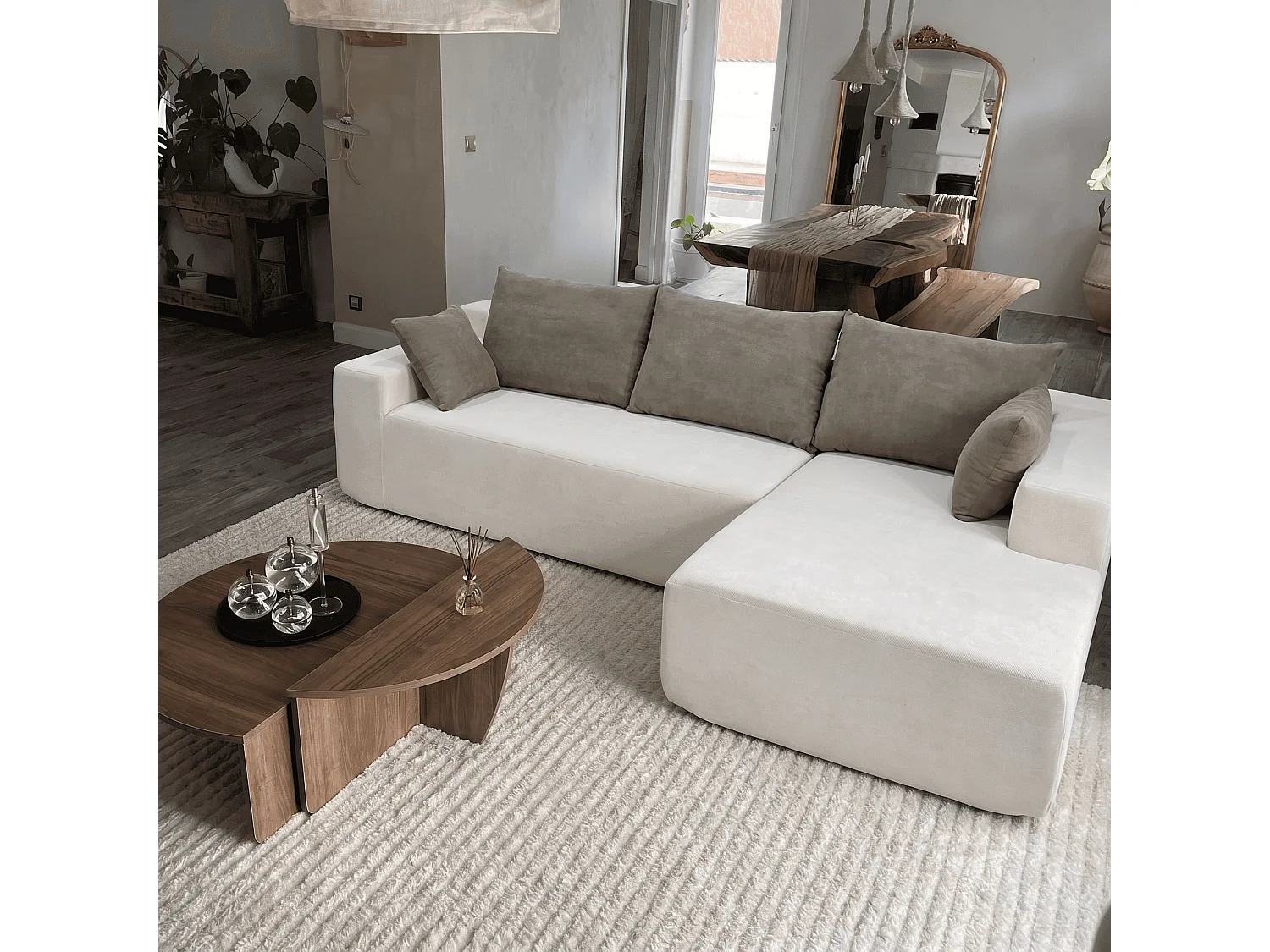 Canapé d'angle droit 3 places en tissu blanc cassé COCO