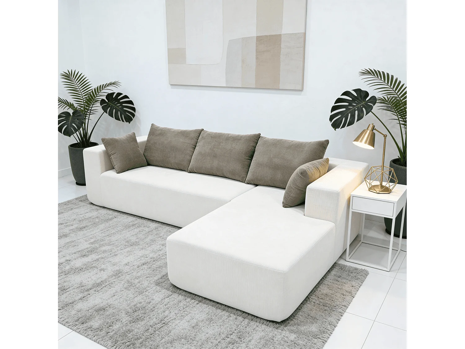 Canapé d'angle droit 3 places en tissu blanc cassé COCO