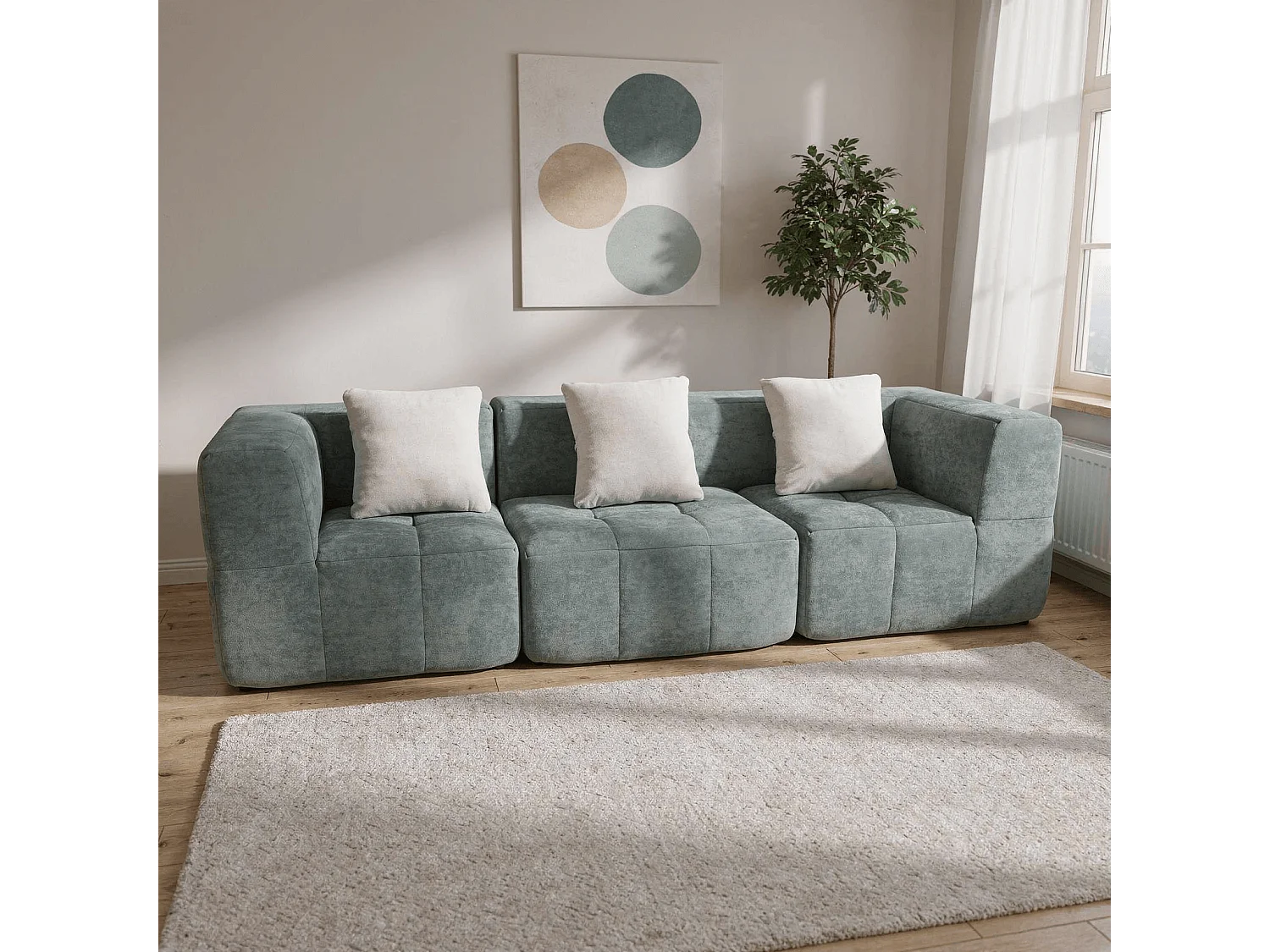 Canapé 3 places Eden Simple en flannelle - Sauge et blanc