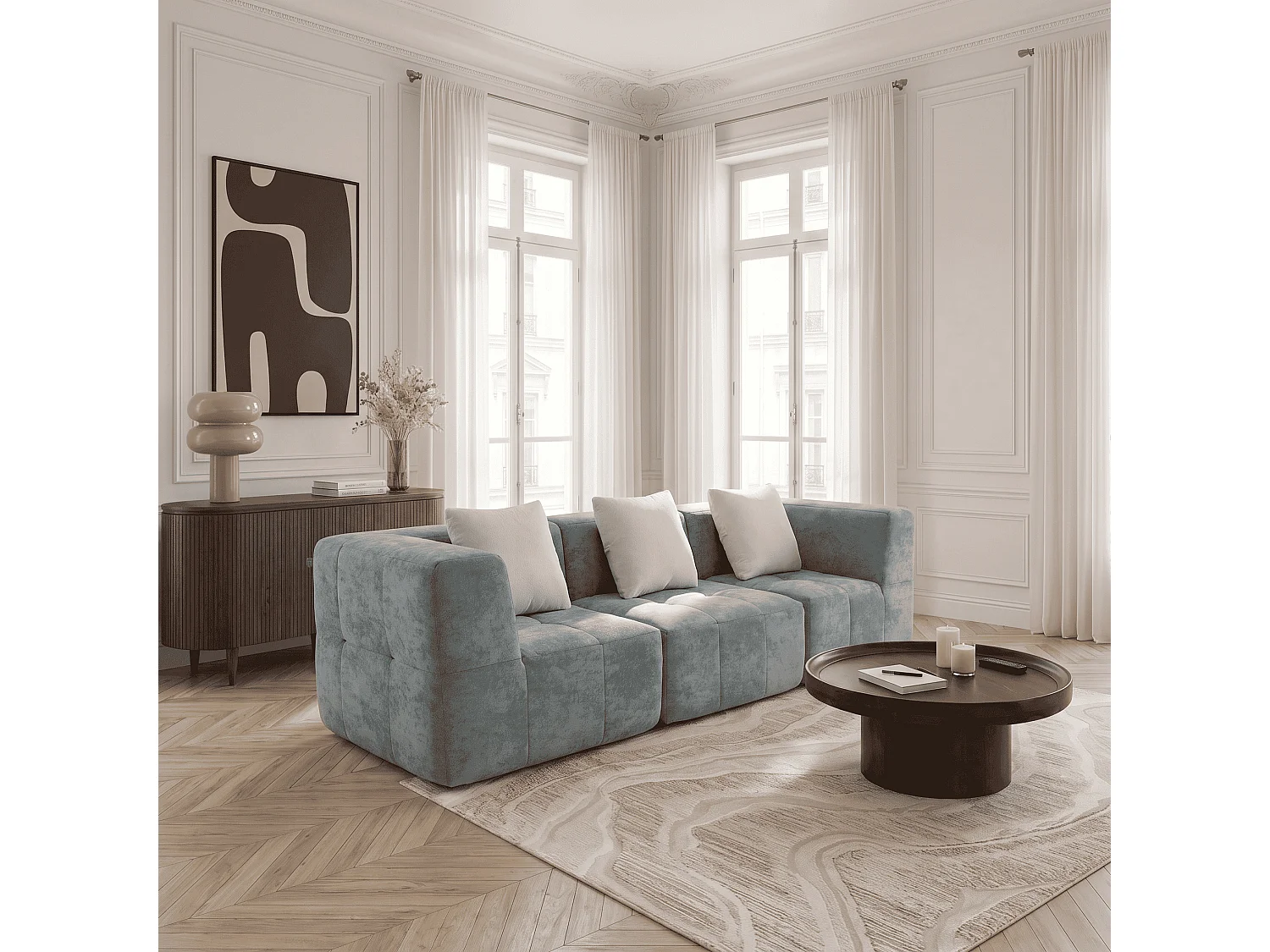 Coco Living Canapé 3 places Eden Simple en flannelle - Sauge et blanc