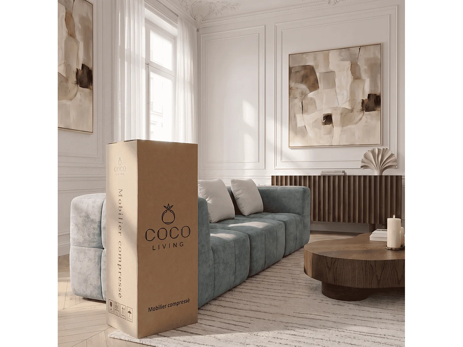 Coco Living Canapé 3 places Eden Simple en flannelle - Sauge et blanc