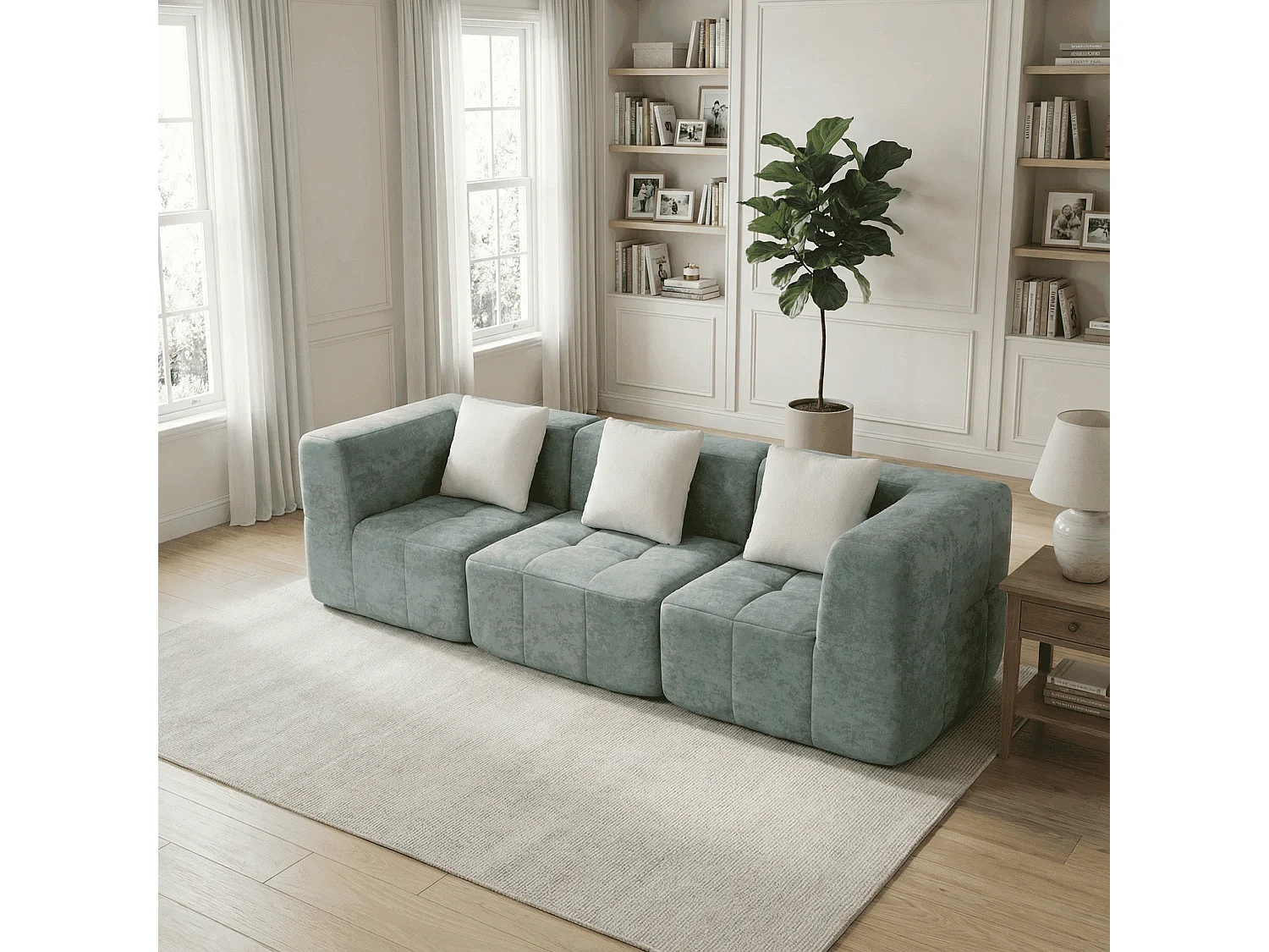 Coco Living Canapé 3 places Eden Simple en flannelle - Sauge et blanc
