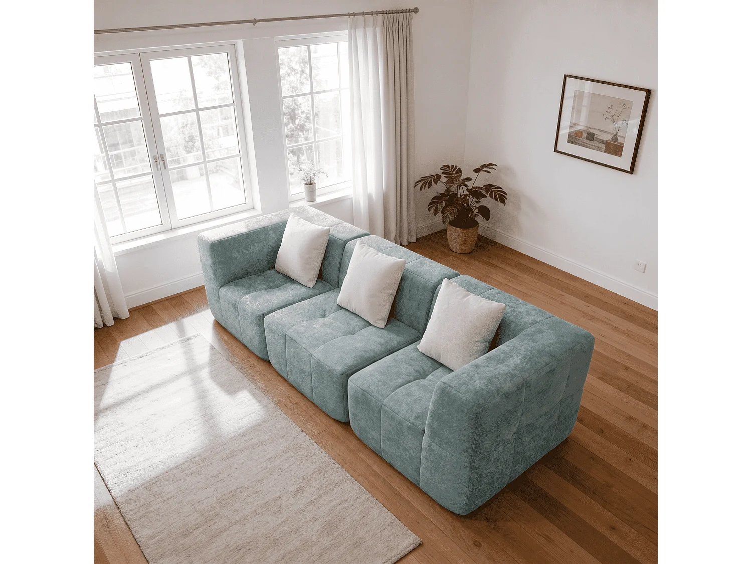 Coco Living Canapé 3 places Eden Simple en flannelle - Sauge et blanc