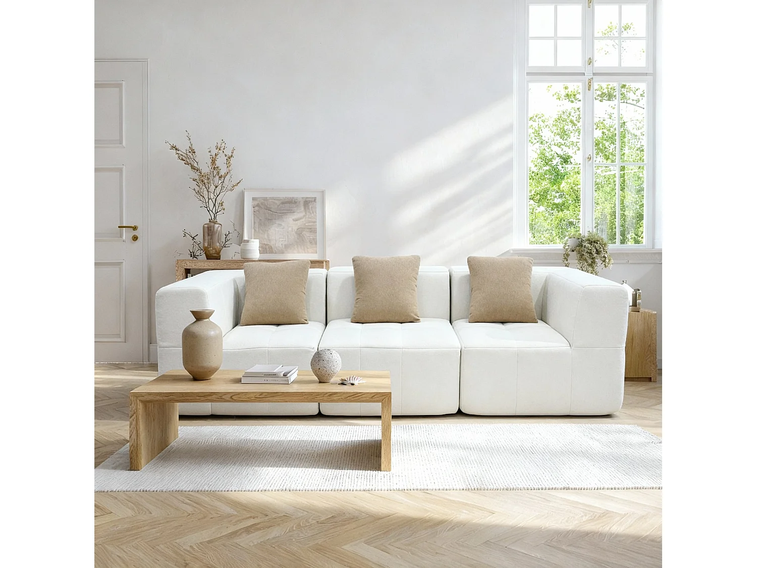 Canapé 3 places Eden Simple en flannelle - Blanc et beige