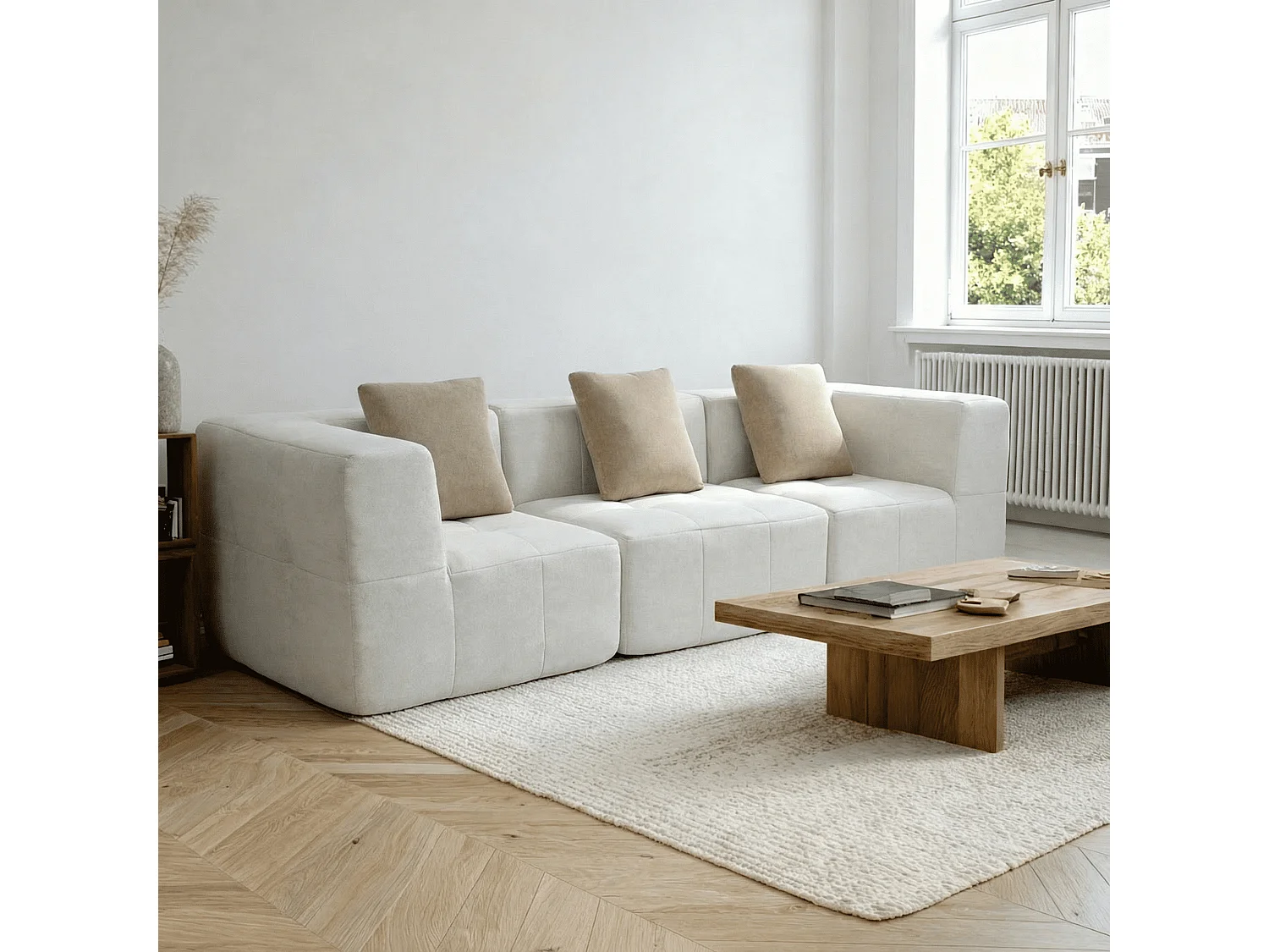 Canapé 3 places Eden Simple en flannelle - Blanc et beige