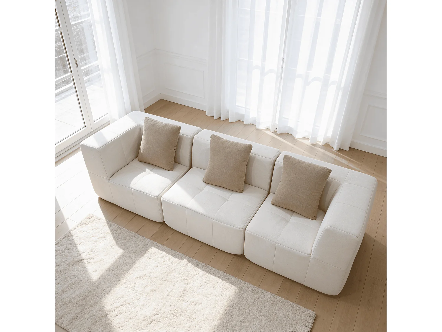 Canapé 3 places Eden Simple en flannelle - Blanc et beige