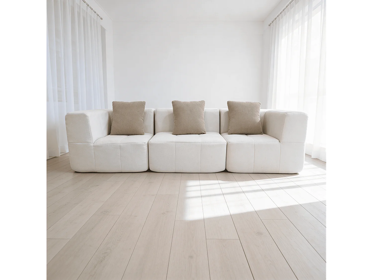 Canapé 3 places Eden Simple en flannelle - Blanc et beige