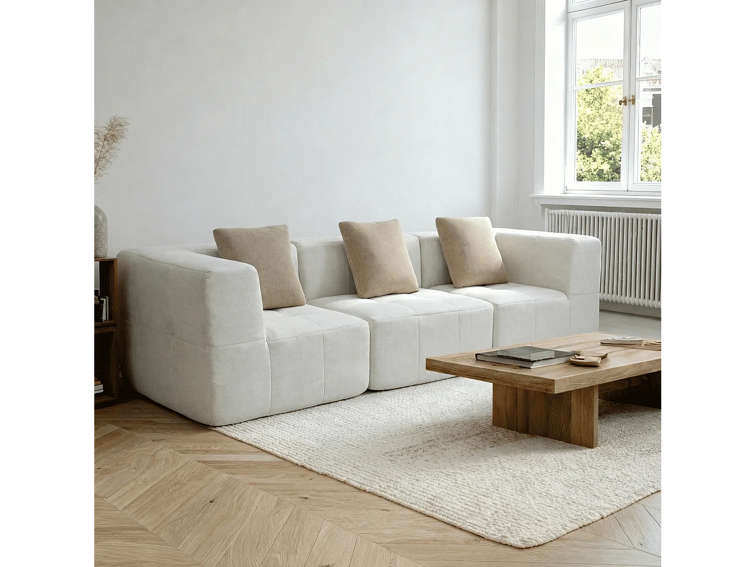 Canapé 3 places Eden Simple en flannelle - Blanc et beige