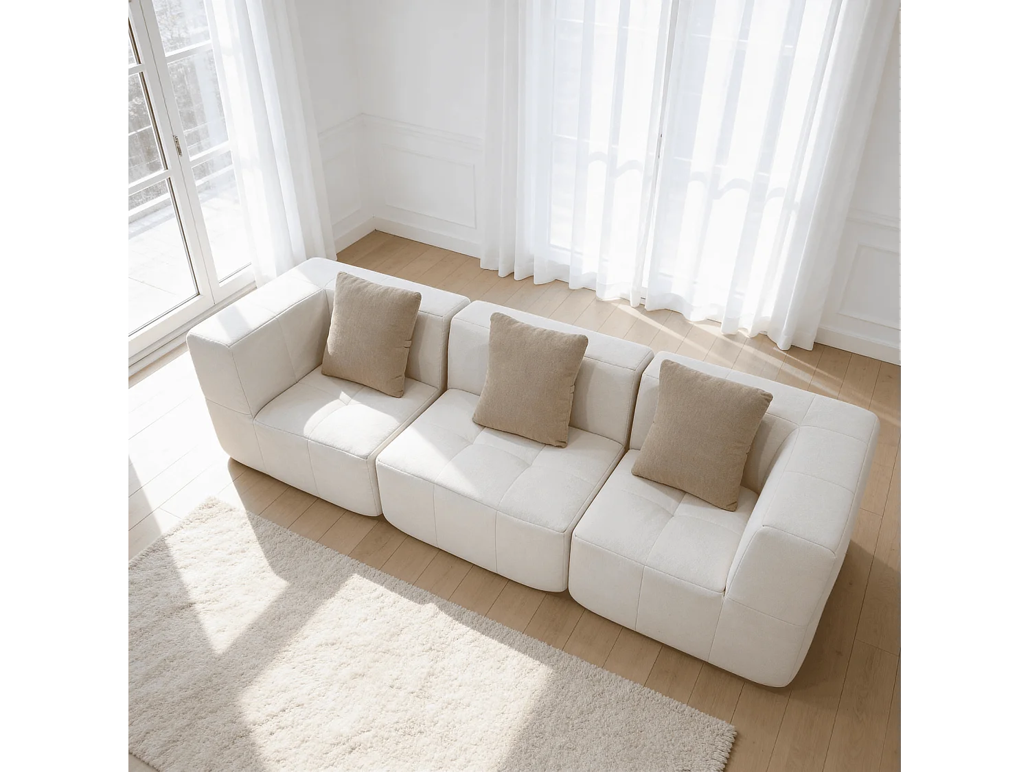 Canapé 3 places Eden Simple en flannelle - Blanc et beige