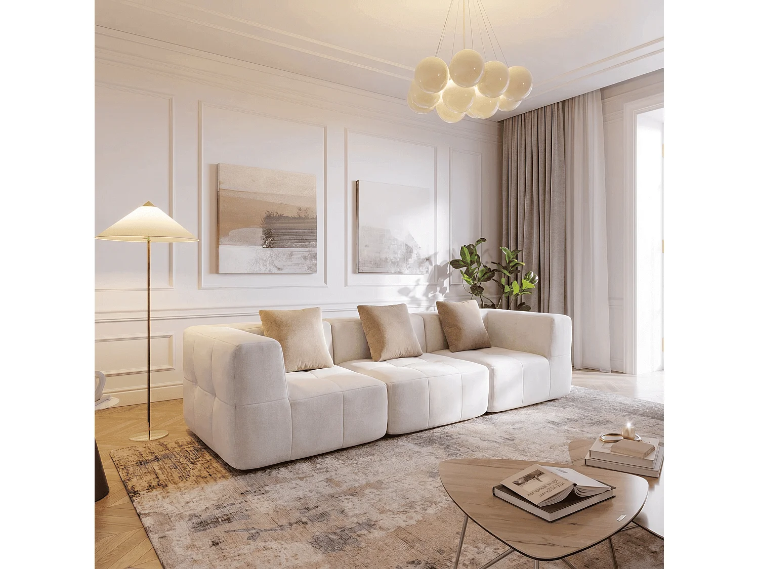 Canapé 3 places en flanelle blanc et beige EDEN