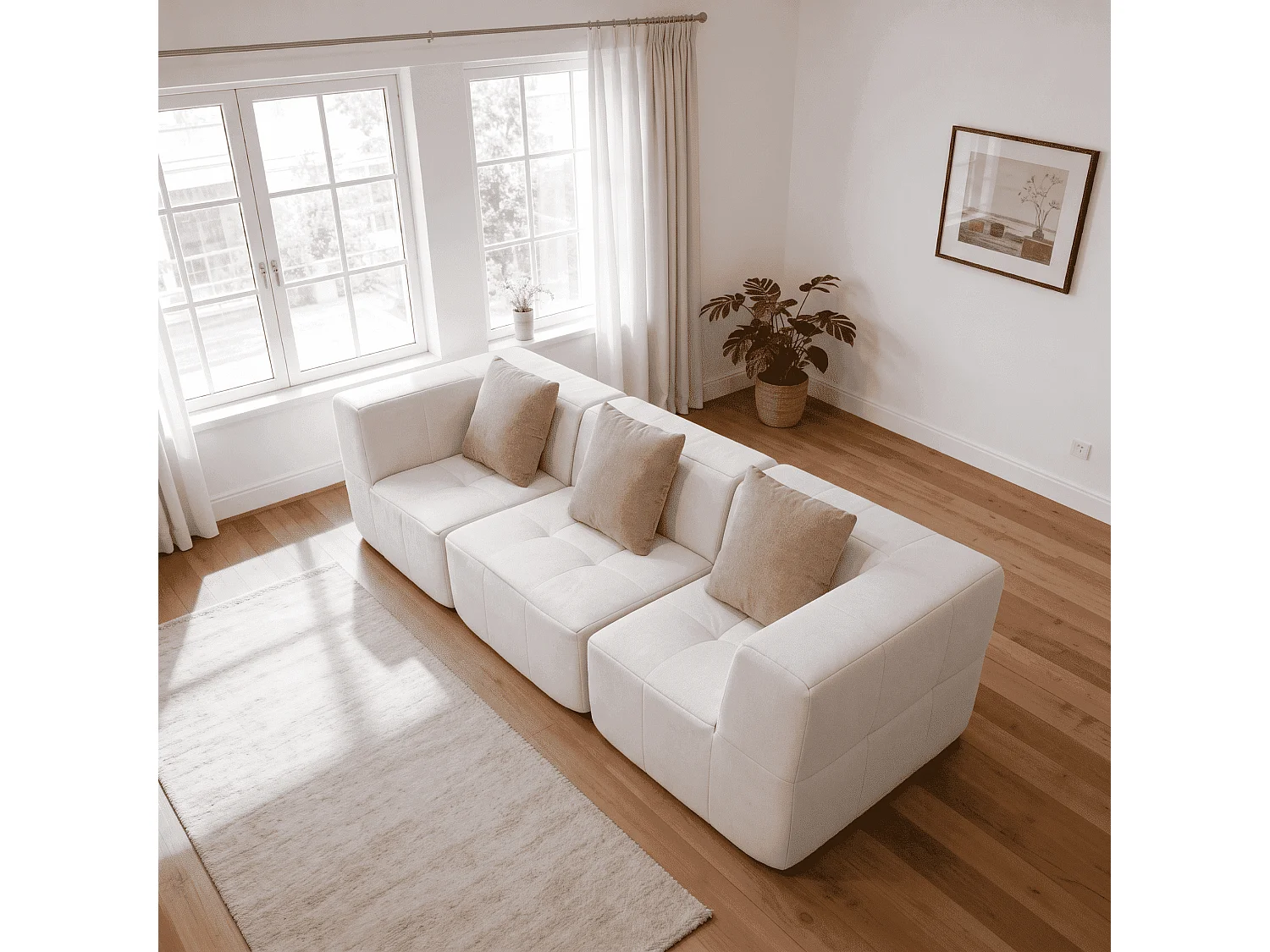Canapé 3 places en flanelle blanc et beige EDEN
