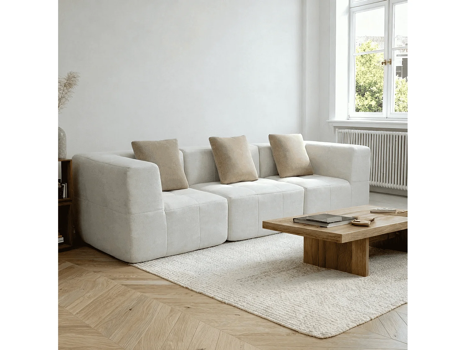 Canapé 3 places en flanelle blanc et beige EDEN