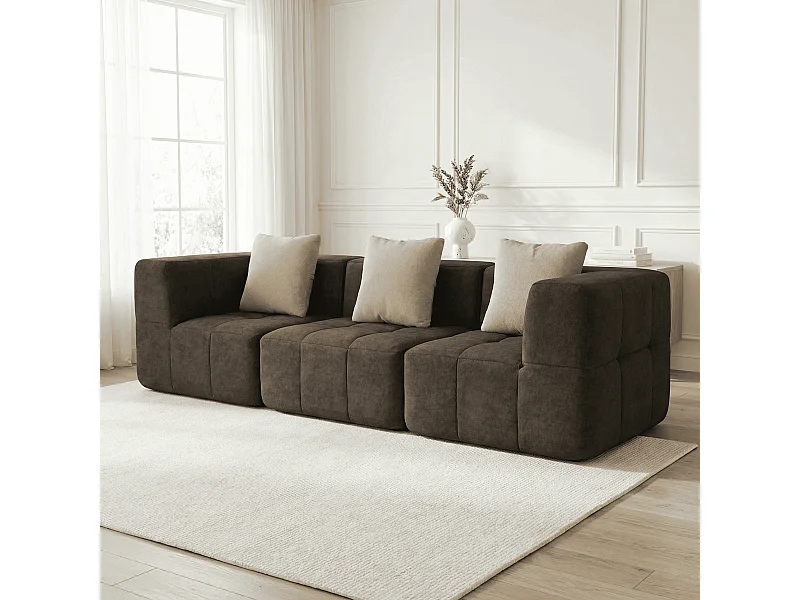 Canapé 3 places Eden Simple en flannelle - chocolat et beige