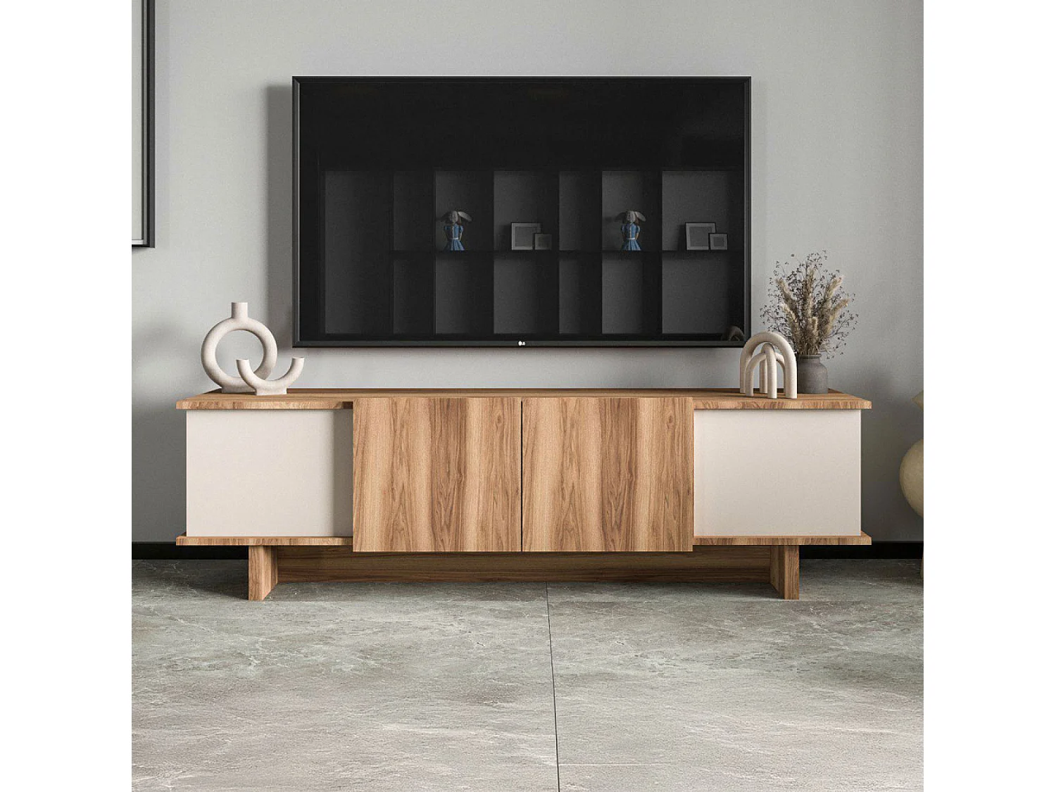 Meuble TV design avec placards aspect bois et beige 180cm BRONA