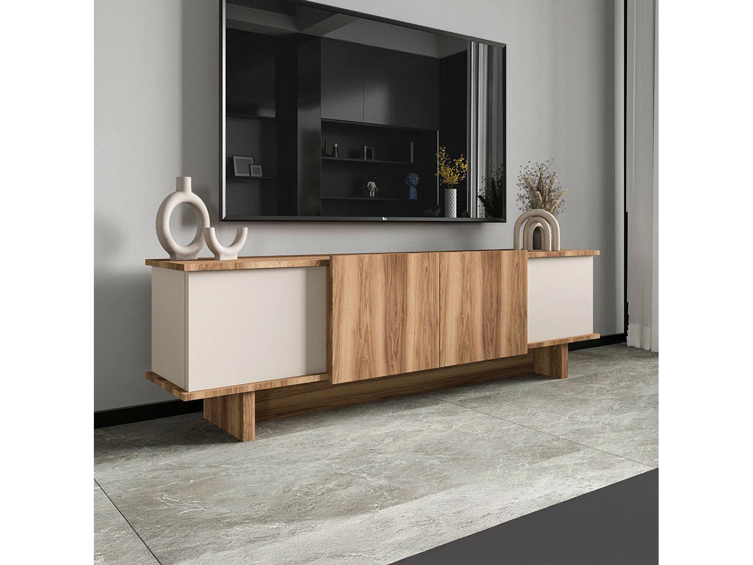 Meuble TV design avec placards aspect bois et beige 180cm BRONA