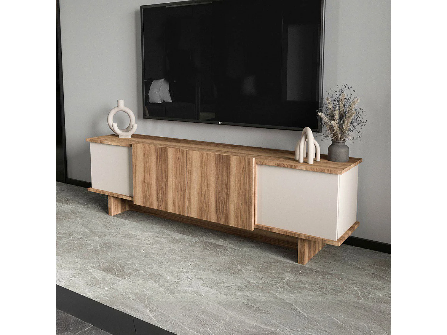 Meuble TV design avec placards aspect bois et beige 180cm BRONA